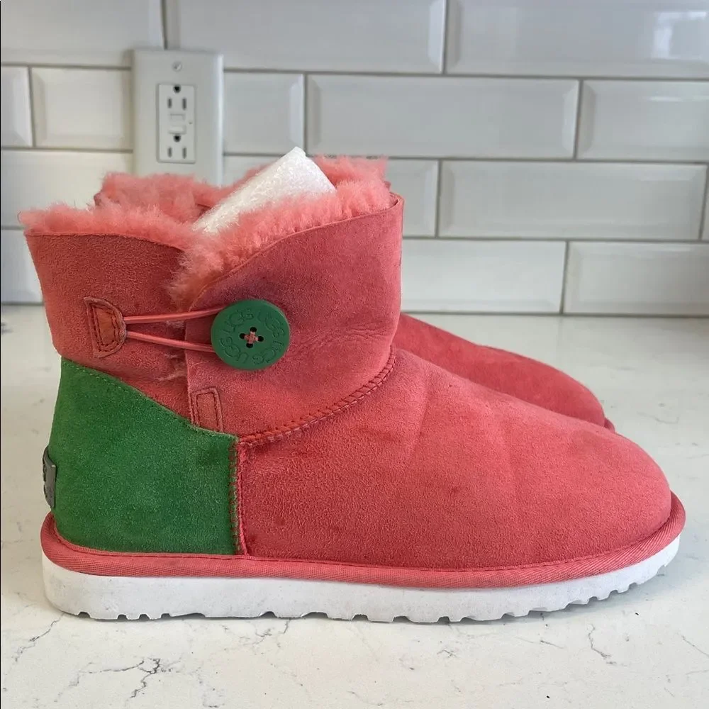 UGG Mini Bailey Button Neon Pink & Green Boots Style Number 1004318 Size 9 Rare